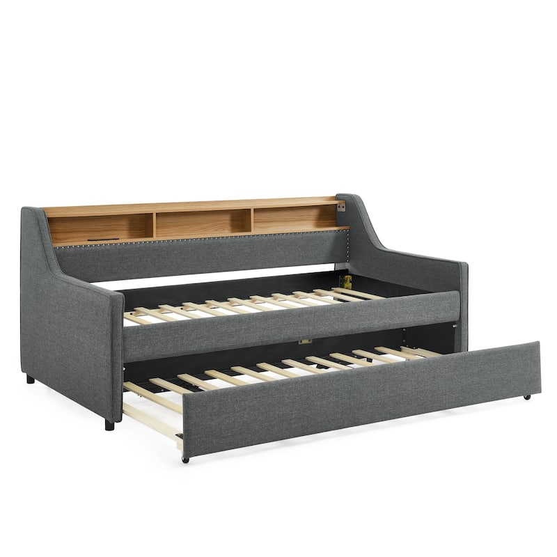Linen Upholstered Bedframe Twin Daybed with Foldable Leg Pull Out Trundle, LED Lights, Storage Headboard and Wireless Charging