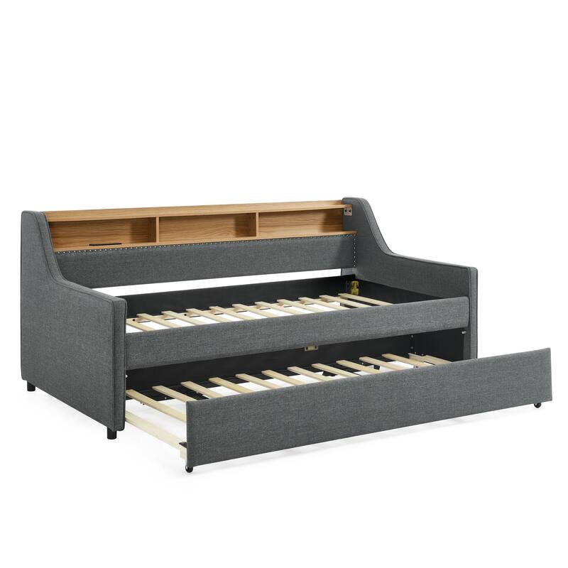 Roomfitters Twin Upholstered Daybed with LED Headboard Storage, Foldable-Leg Trundle & Wireless Charging