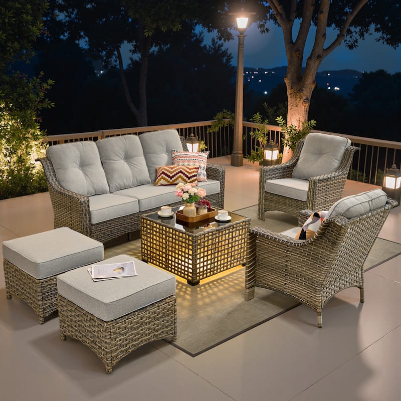 OVIOS 6 Pieces Outdoor Wicker Set With Solar-Powered Table - Grey