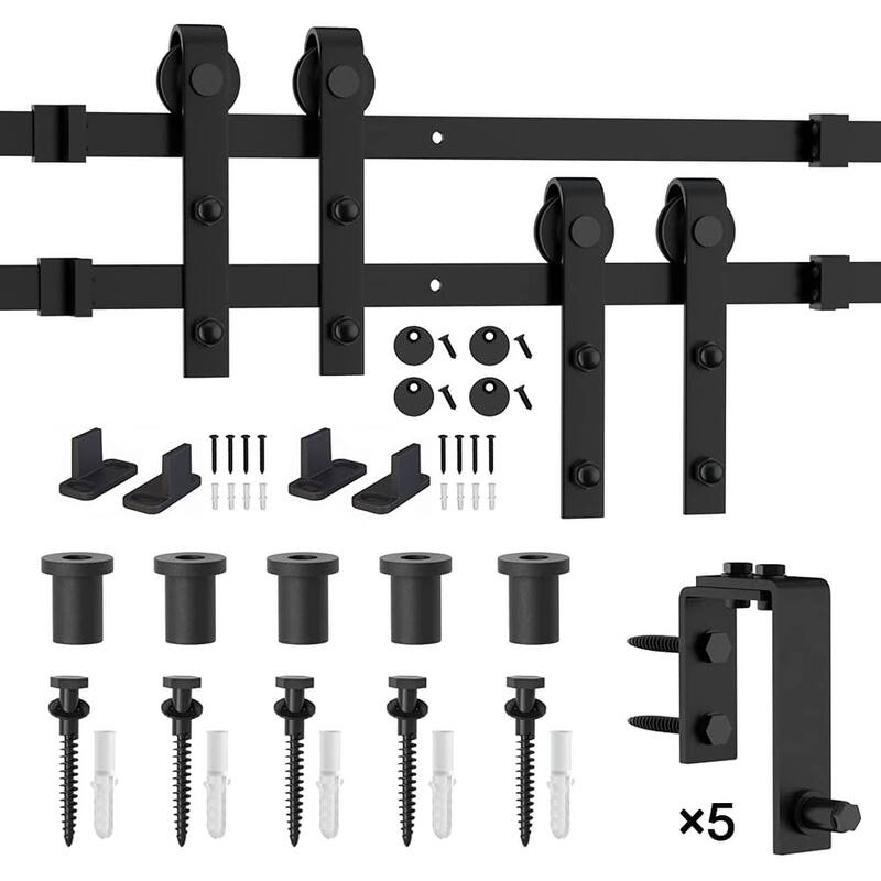 WINSOON 5-16FT Bypass Sliding Barn Door Hardware Kit for Double Doors J Shape Hangers