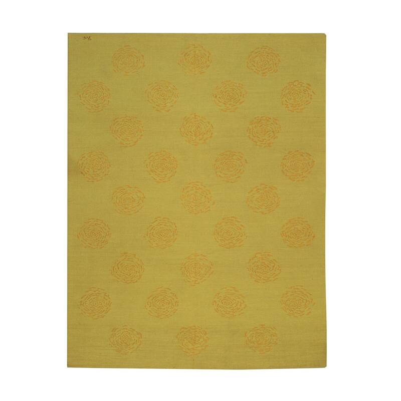 Yellow Handwoven Wool Contemporary Flat Weave Rug 6' x 8' - Modern Plaid Pattern Surged Edge Subtle Hues - N/A