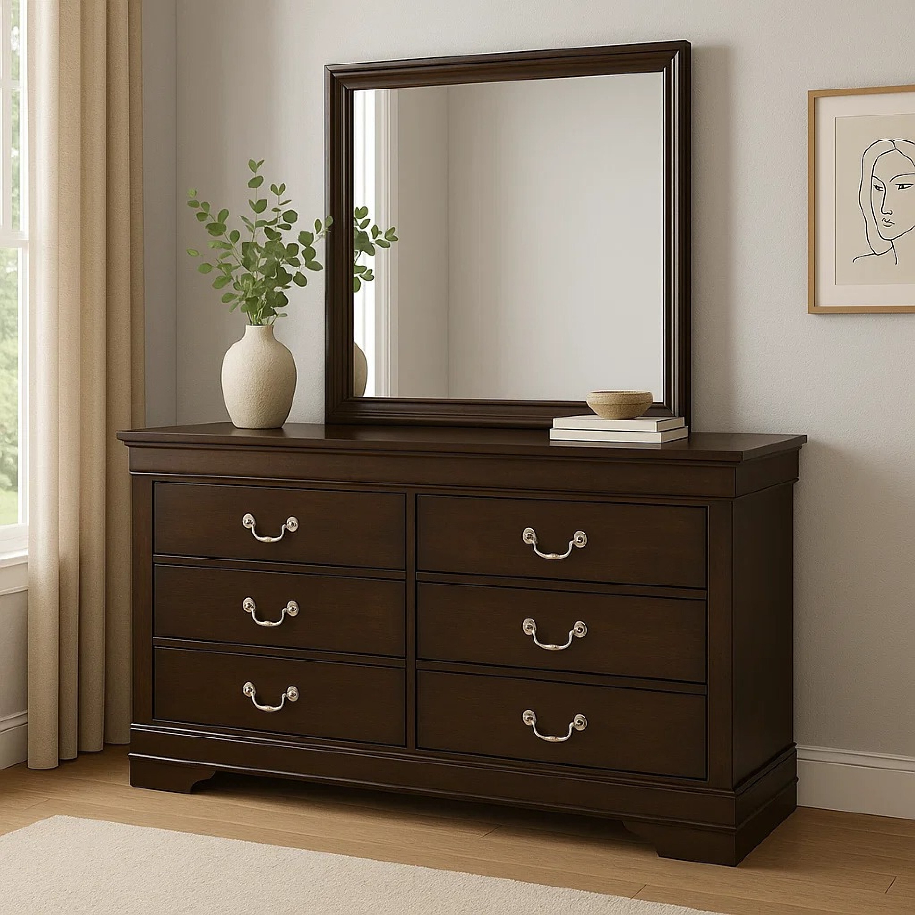 Nim Wide Dresser and Mirror with Molded Trim, 6 Drawers, Dark Brown - Cappuccino Brown, Nickel