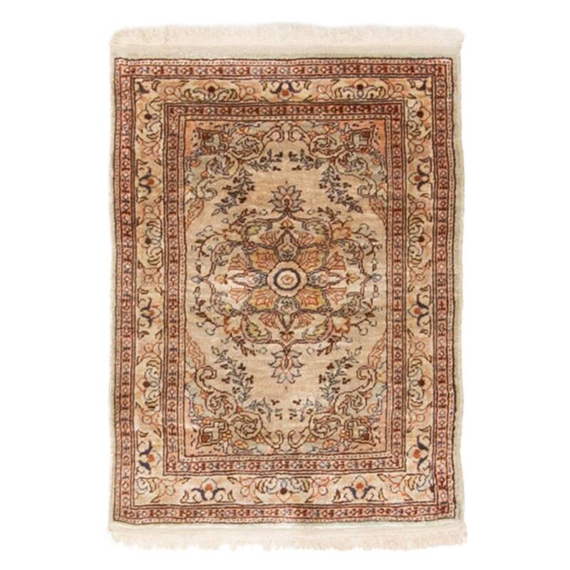 ECARPETGALLERY Hand-knotted Hereke Beige Silk Rug - 1'5 x 1'10