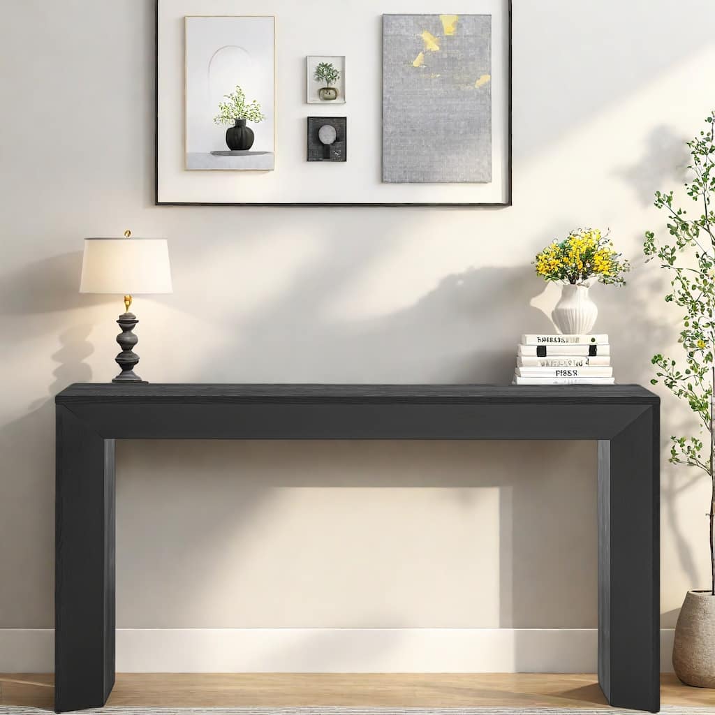 59" MDF Console Table with Fireplace Design and Wood Veneer for Living Room