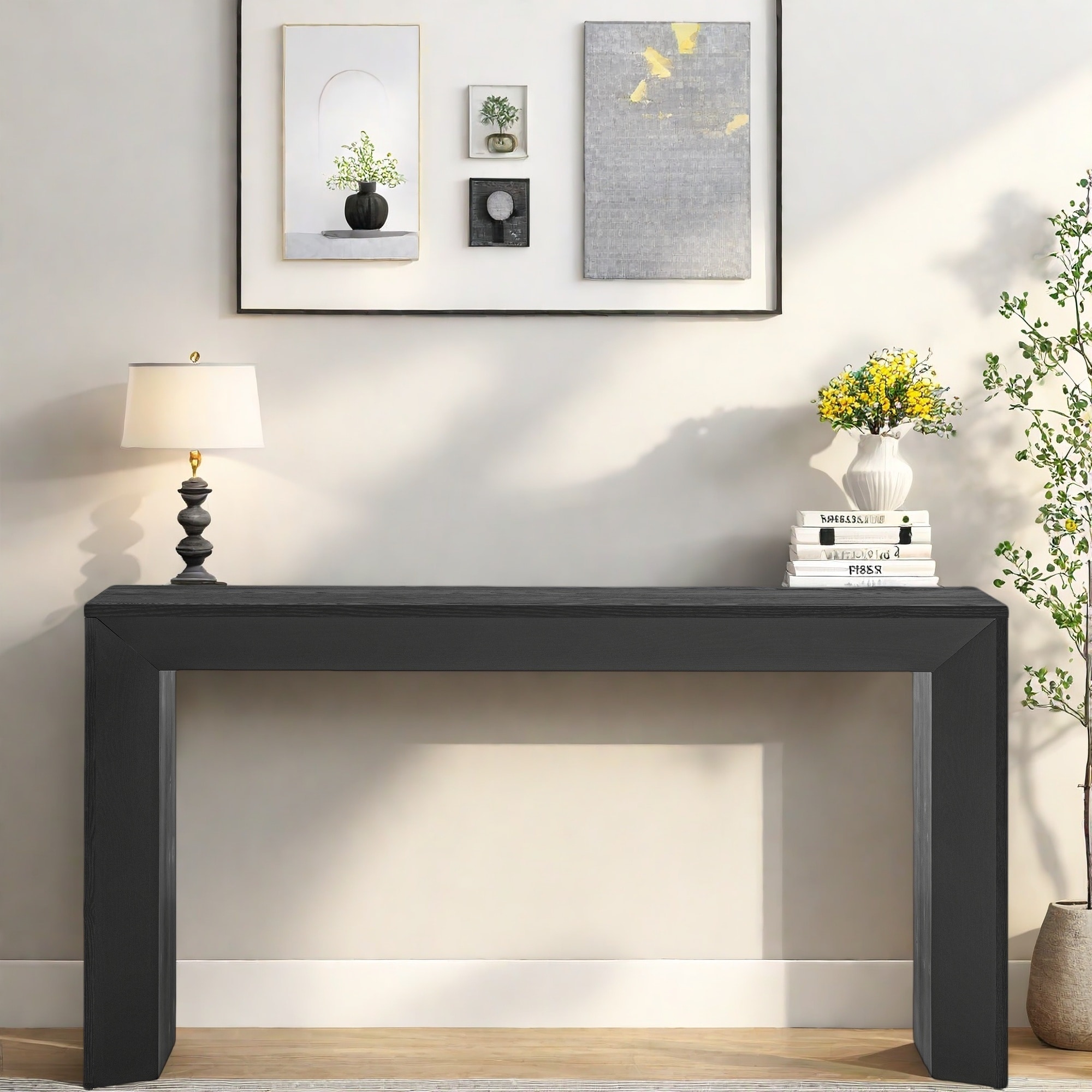 59" MDF Console Table with Fireplace Design and Wood Veneer for Living Room