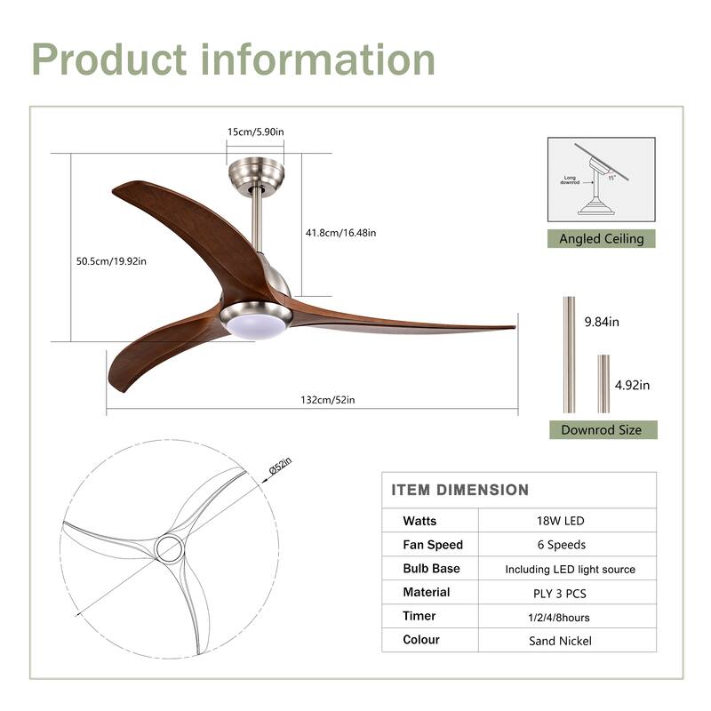 52 Inch Ceiling Fan with Light and Remote, Indoor/Outdoor Wood Ceiling Fan with 3 Blades, Noiseless Reversible DC Motor
