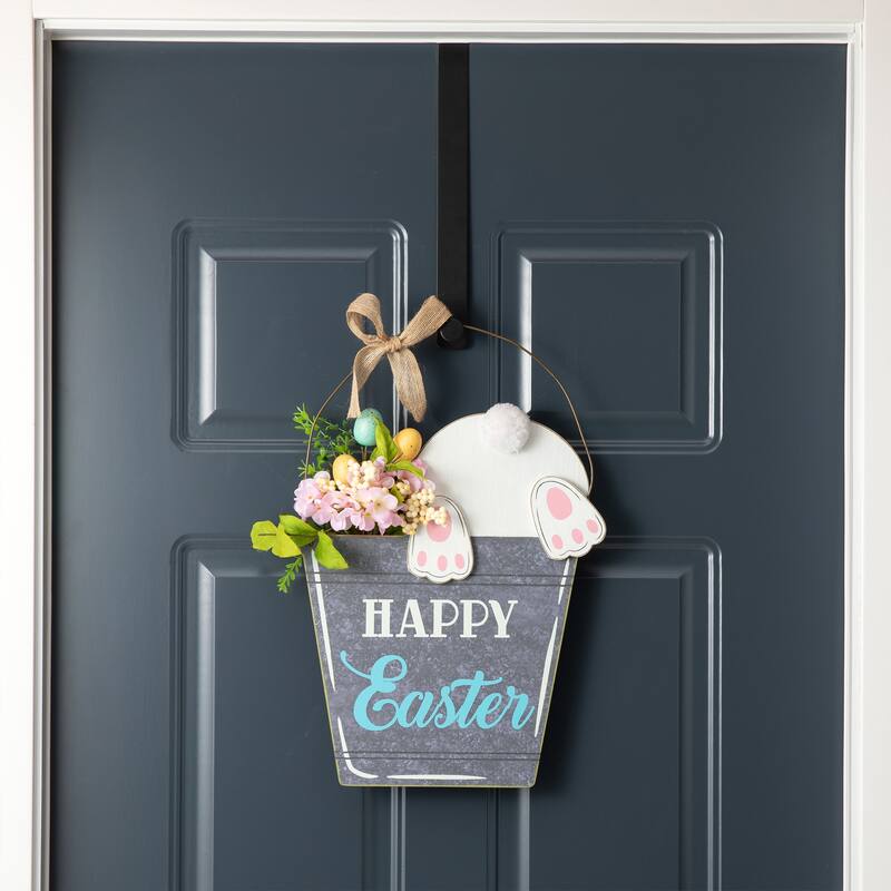 Glitzhome Easter Wooden Cute Bunny Eggs/Fence Door Hanger Wall Decor Spring Gift