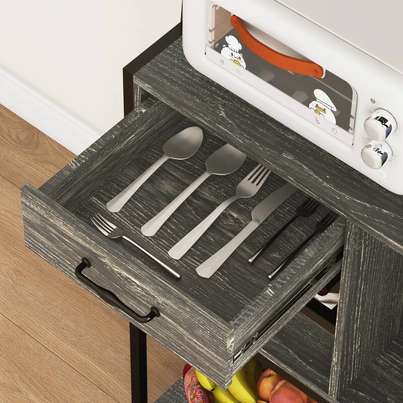 Baker's Rack with Power Outlet and LED Lights, Coffee Bar with Storage Shelves, Industrial Microwave Stand - Gray