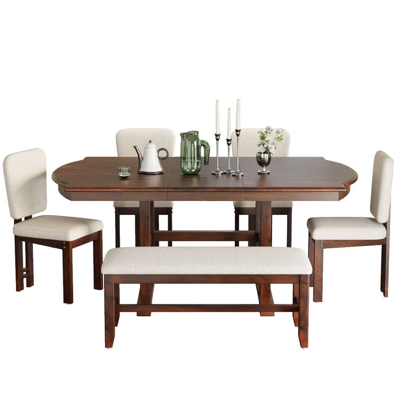 Roomfitters 6-Piece Extendable Wood Dining Table Set, 78" Kitchen Table with 18" Leaf, Bench and 4 Chairs, Espresso & Beige