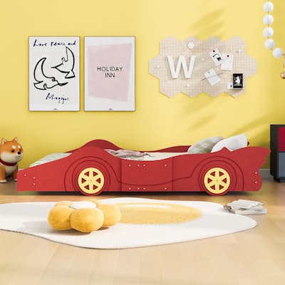 Twin Size Race Car Bed with Wheels and Rails, Fun Design for Kids' Rooms