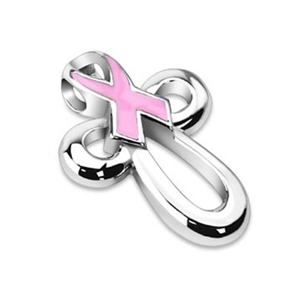 Pink Ribbon Cancer Awareness on Hollow Cross Stainless Steel Pendant (17 mm Width)