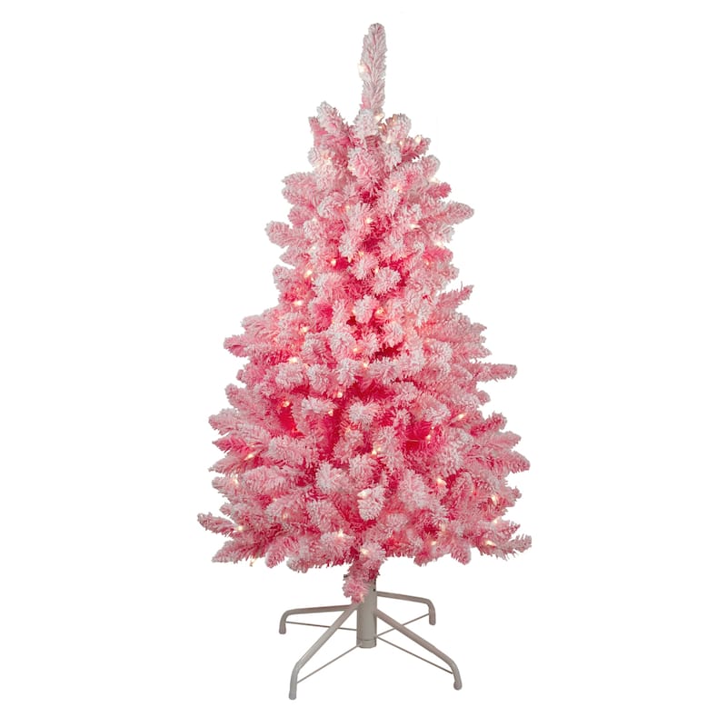 4' Flocked Pink Pine Slim Artificial Christmas Tree Clear Lights - 4 Foot