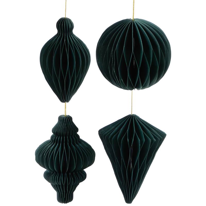 Accordion Honeycomb Foldable Paper Christmas Finial Ornaments - 4" - Green - Set of 4