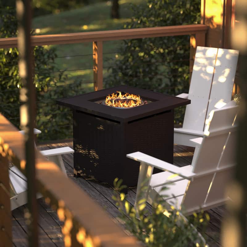 Outdoor 50,000 BTU Metal Fire Pit Table with Lid and Lava Rock