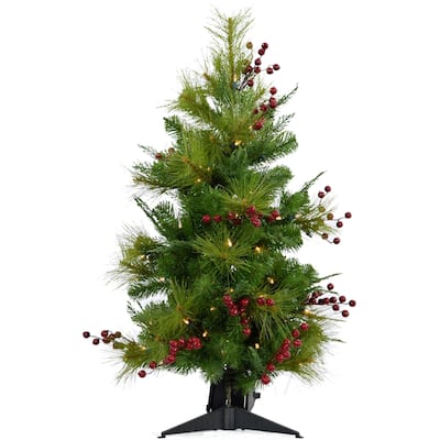 Christmas Time 4-Ft. Red Berry Mixed Pine Artificial Tree with LED String Lights