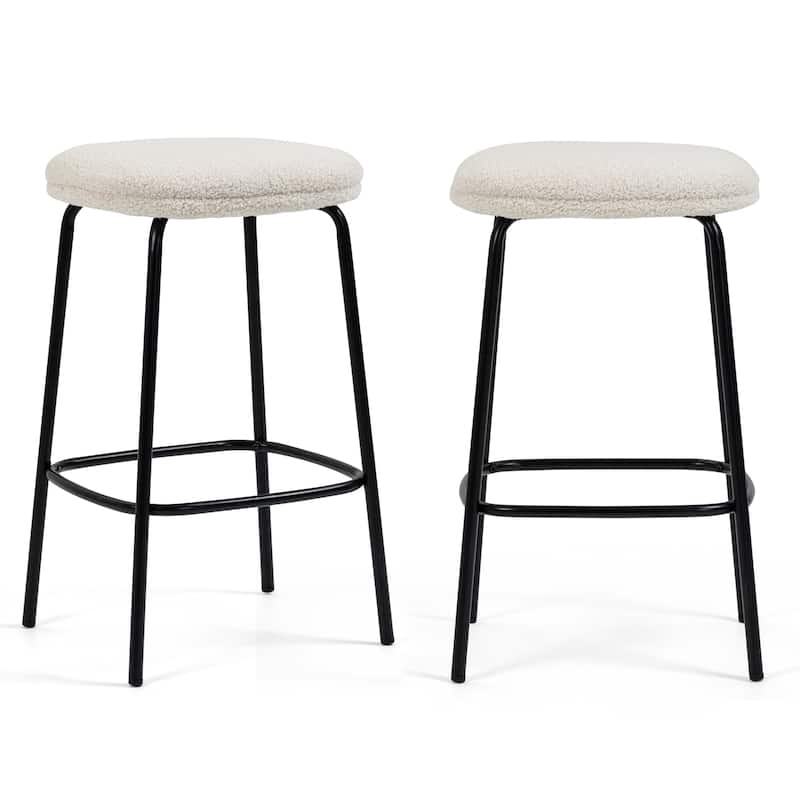 Set of 2 Ayana White Boucle Backless Counter Stool with Black Iron Legs
