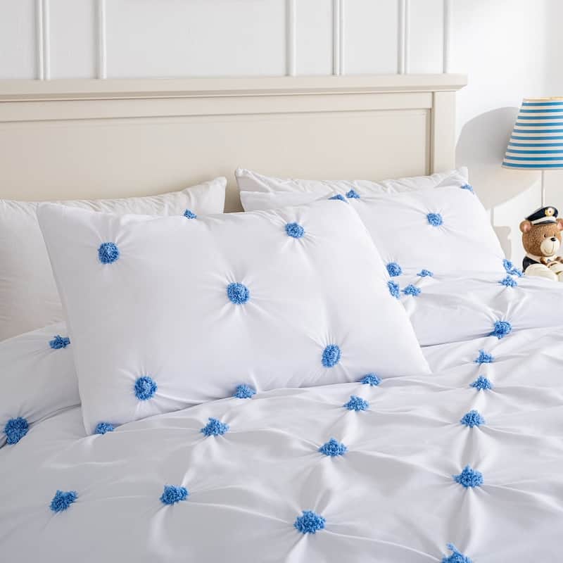 WHOLINENS Microsuede Embroidered Pinch Pleat Duvet Cover Set 3pcs