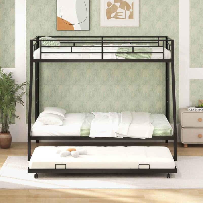 Costway Twin Over Full Metal Slats Bunk Bed Frame with Trundle, Guard