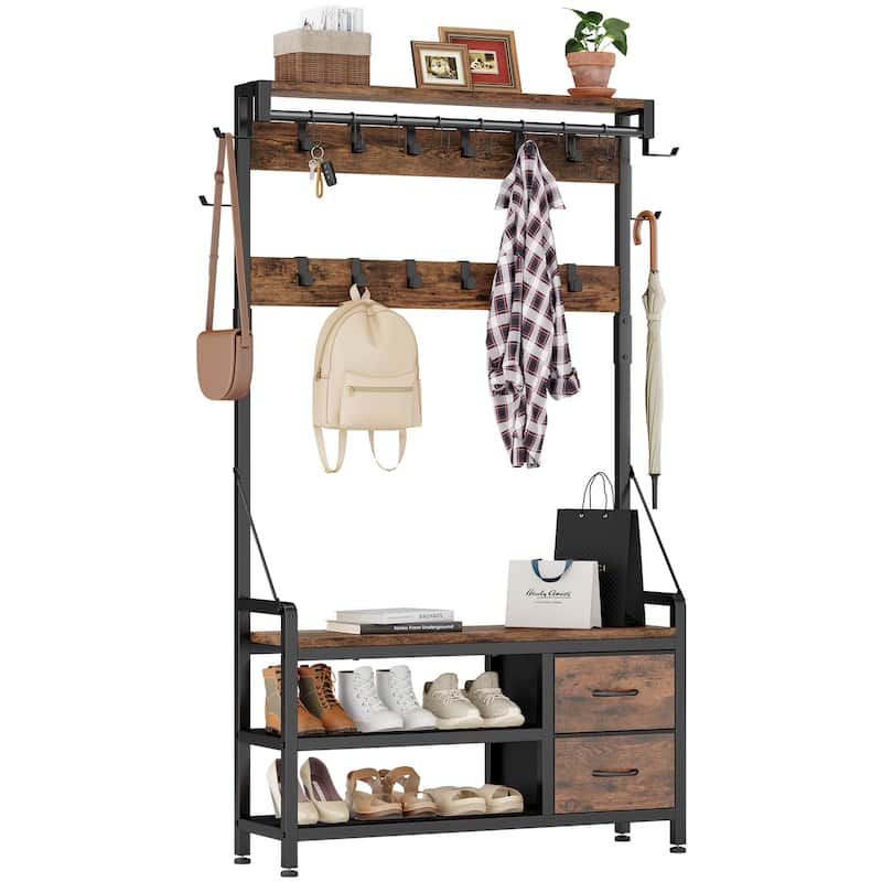 6-in-1 39.4"Hall Tree with Bench Entryway Shoe Rack w/24 Hooks & 2 Drawers