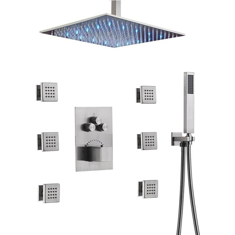 12" LED Ceiling Rainfall Shower 3 Way Thermostatic Faucet System w/ 6 Body Jets - Brushed Nickel