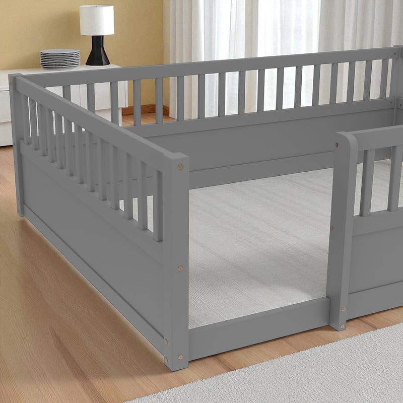 Twin/Full Montessori Floor Bed with High Fence & Open Door, Solid Pine, Playroom/Bedroom, No Box Spring