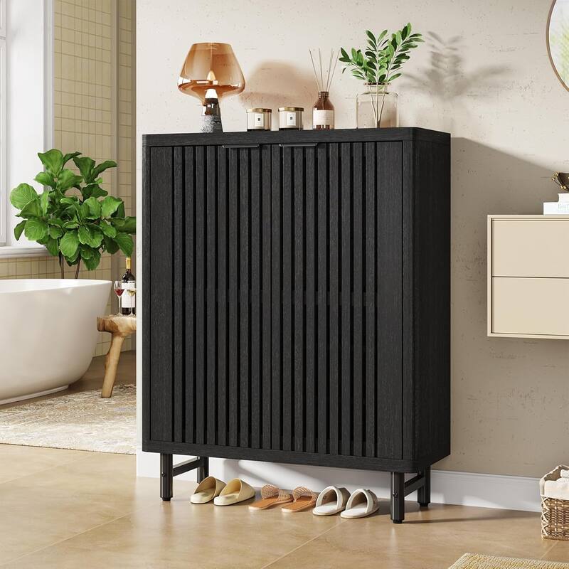 6-Tier Bathroom Floor Cabinet 2 Shutter Doors Adjustable Shelves Wooden Storage Sideboard for Kitchen/Living Room - Black