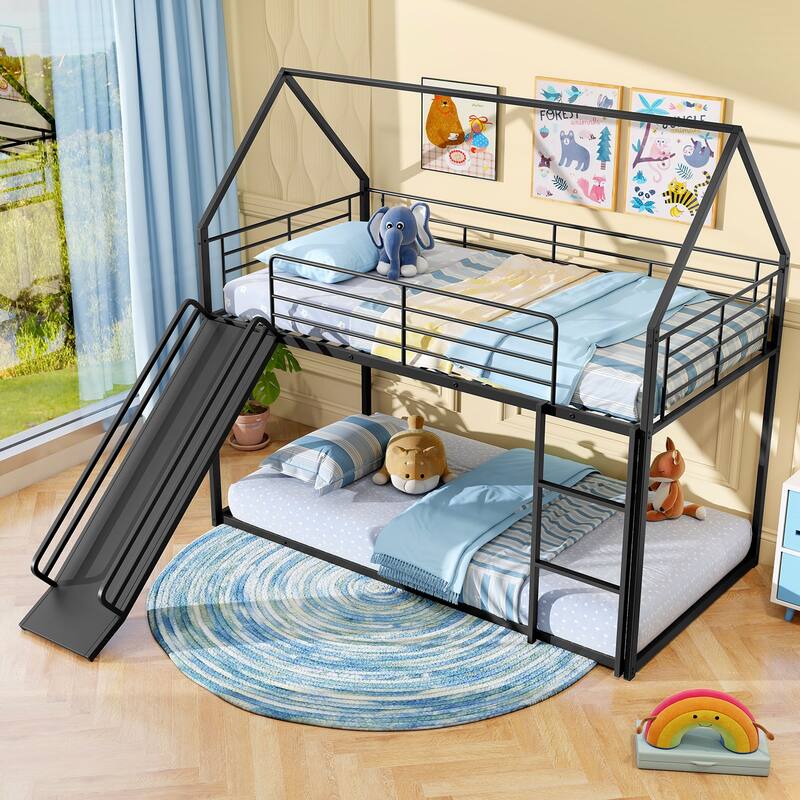 Black Twin Size Metal Bunk Bed with Slide and Ladder Heavy Duty Loft Frame with Guardrails for Kids