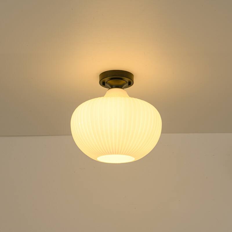 1-Light Modern Elegant Ribbed Glass Flush Mount with Brushed Brass/Matte Black Finish for Bedroom & Foyer