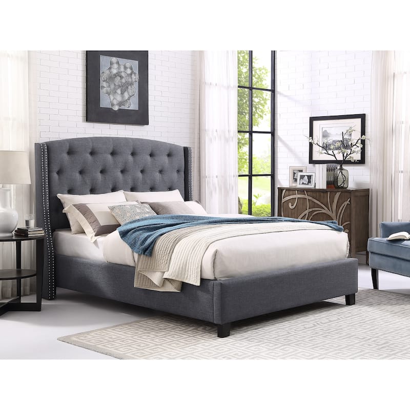 Upholstered Polyester Bed with Tufted Wingback - Gray