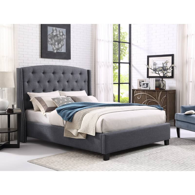Upholstered Polyester Platform Bed with Button Tufted Wingback - Gray