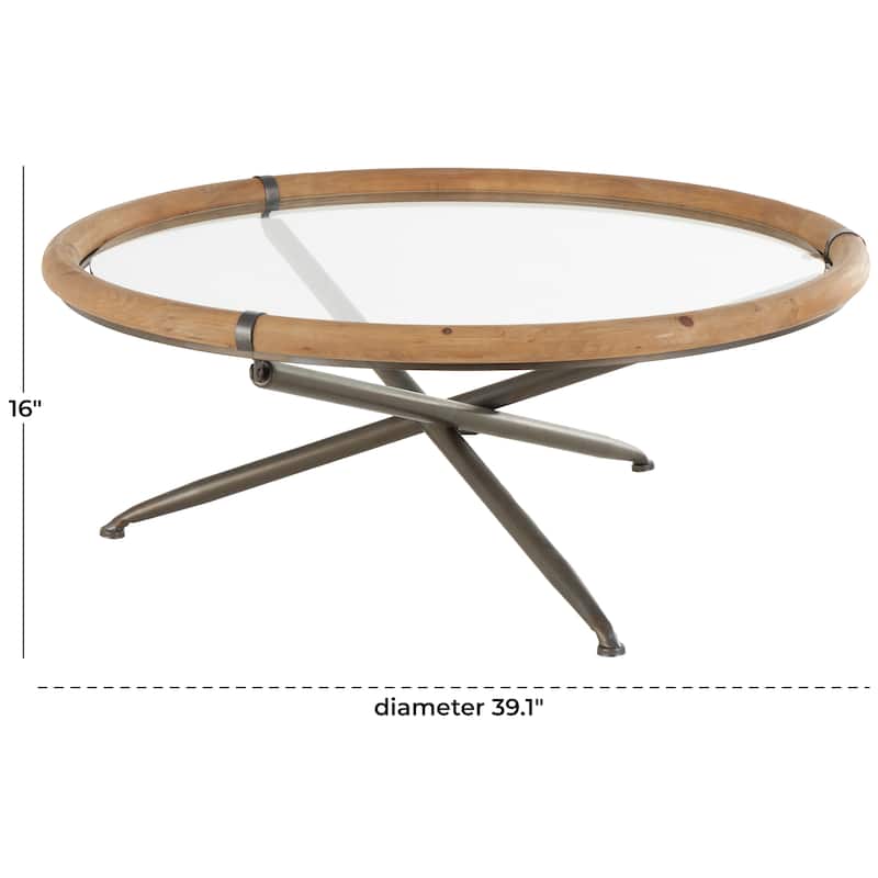 Metal Round Coffee Table with Brown Wooden Framed Glass Tabletop - Brass - Roche River Decor