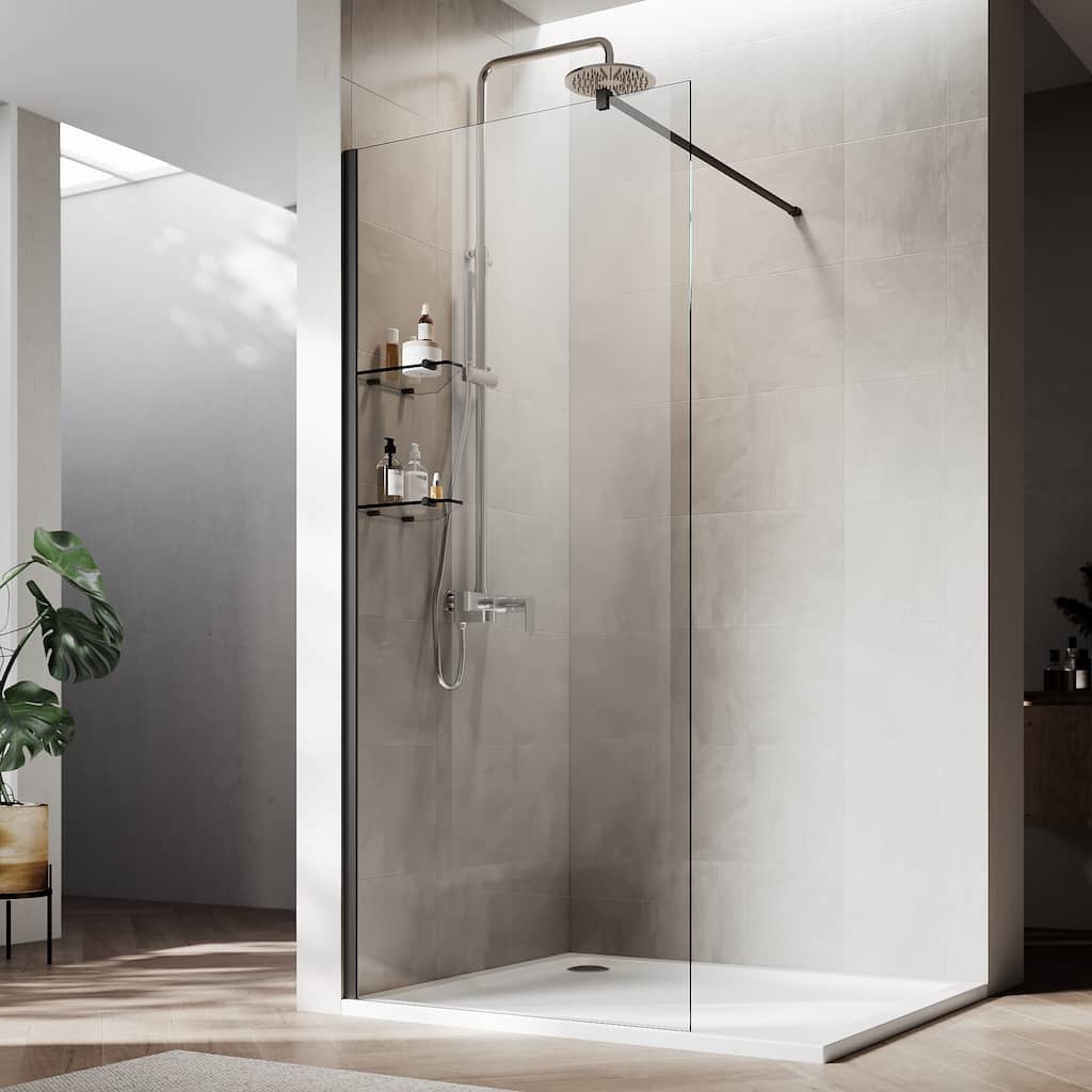 Elegant Frameless Fixed Glass Panel Shower Door 72inch High with 5/16inch Clear Tempered Glass Black Aluminum