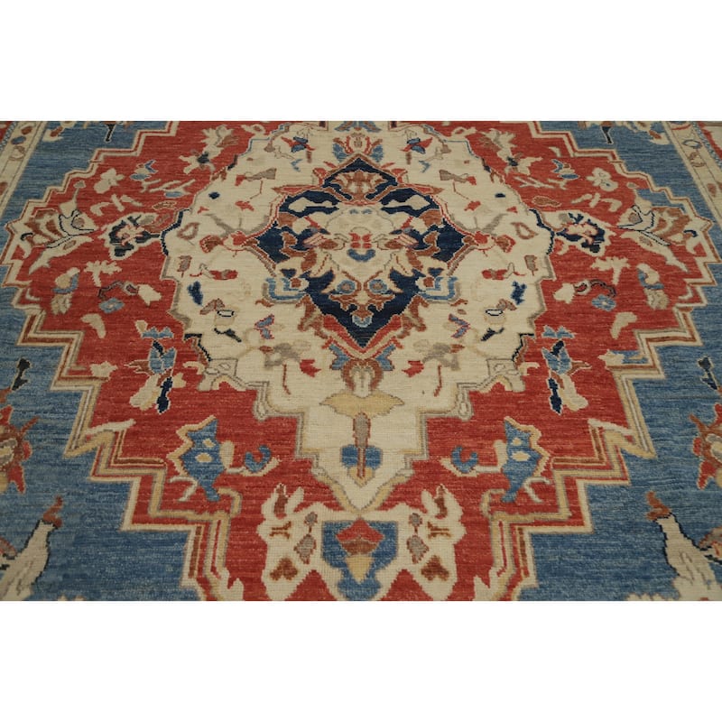 Hand Knotted Oriental 100% Wool Carpet Traditional Medallion Navy Blue & Blues Heriz (serapi) Area Rug - 11' 11'' X 9' 3''