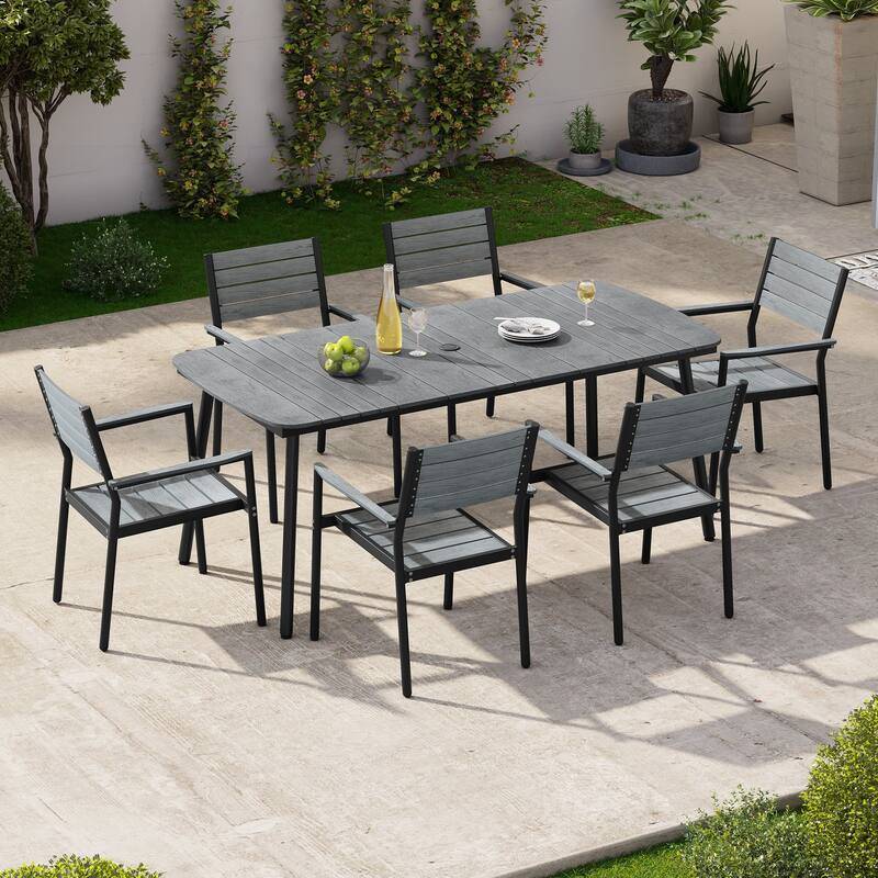 7-Piece Outdoor Patio Dining Set Aluminum Rectangle Table with Stackable Chairs