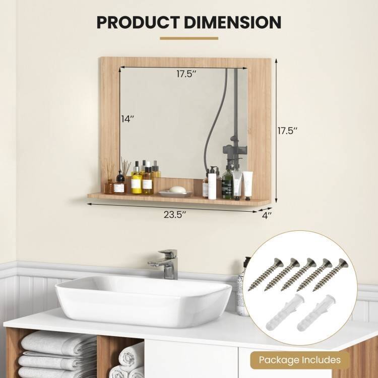 Wood Wall Mounted Bathroom Mirror with Storage Shelf - 23.5" x 4" x 17.5"