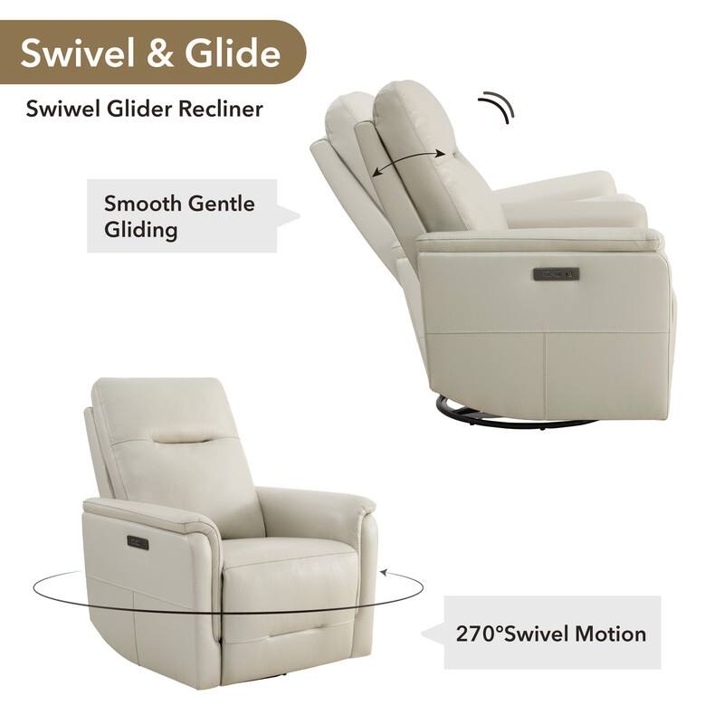 Spruce & Spring Genuine Leather Swivel Glider Recliner with Adjustable Headrest