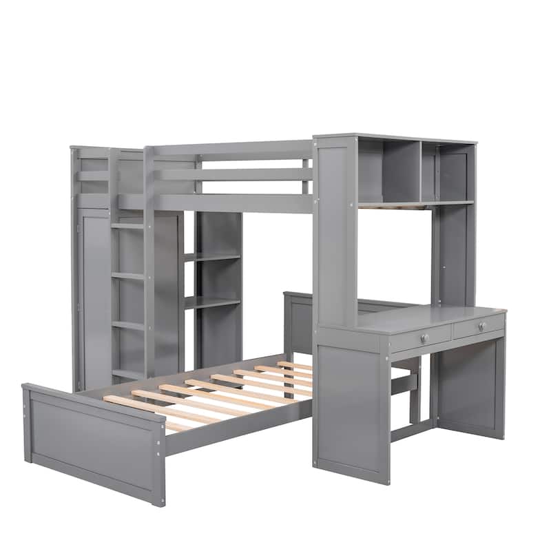 Twin size Loft Bed with a Stand-alone bed, Shelves,Desk,and Wardrobe-Gray