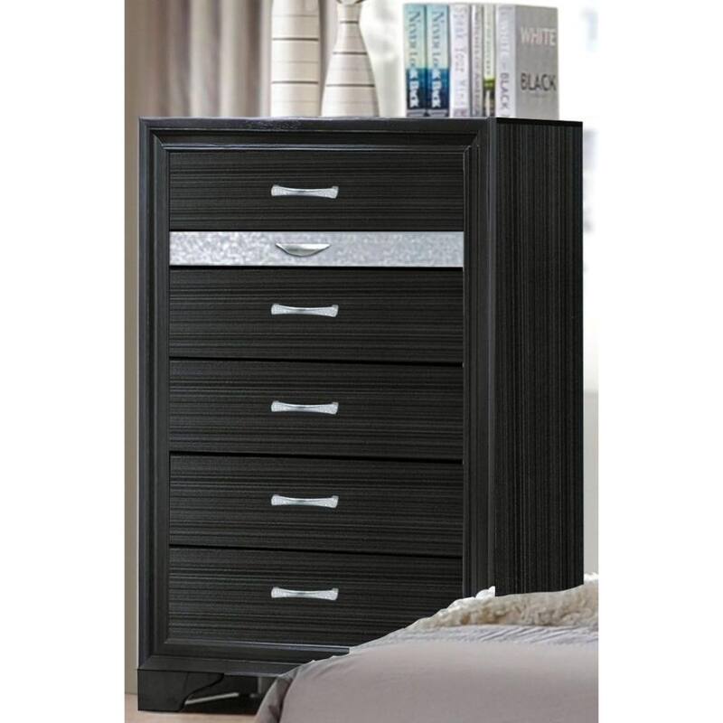 Two Tone Wooden Chest With Six Drawers, Black And Silver