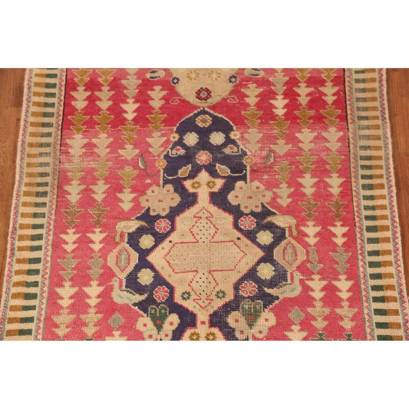 Hand Knotted Oriental 100% Wool Carpet Traditional Geometric Pink Tabriz Runner Rug - 9' 7'' X 3' 3''