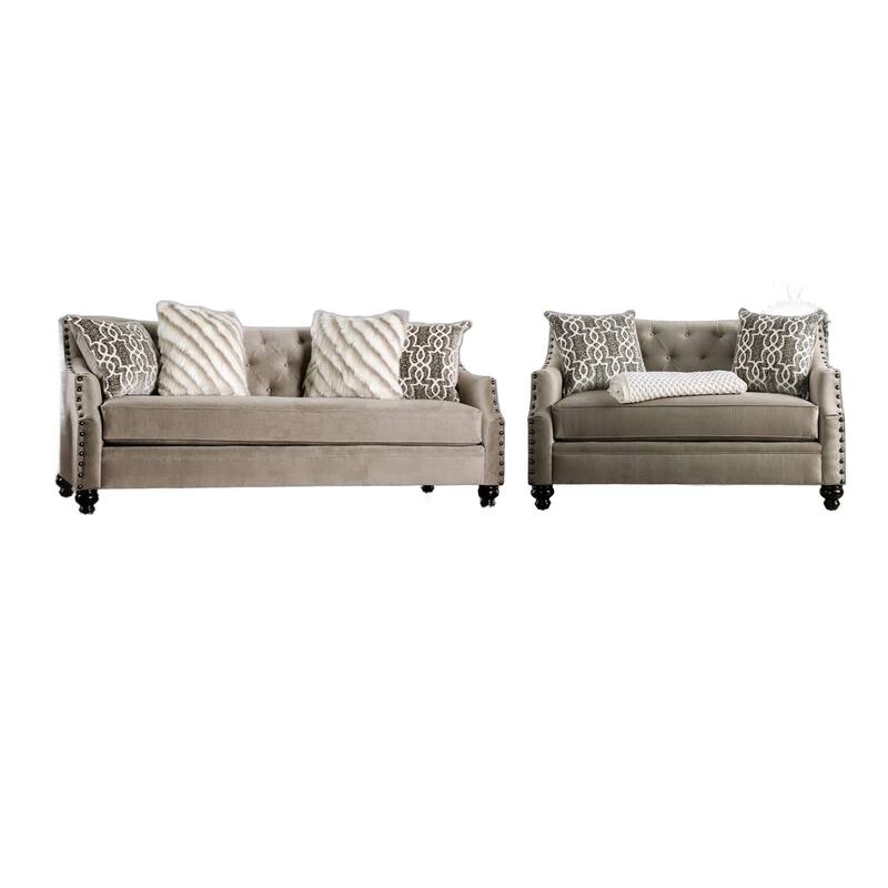Erin Sofa Loveseat Set, 6 Large Pillows, Brown Small Weave Chenille