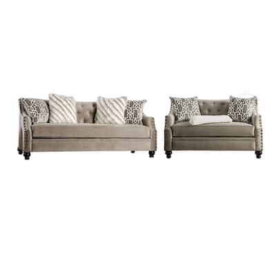 Erin Sofa Loveseat Set, 6 Large Pillows, Brown Small Weave Chenille