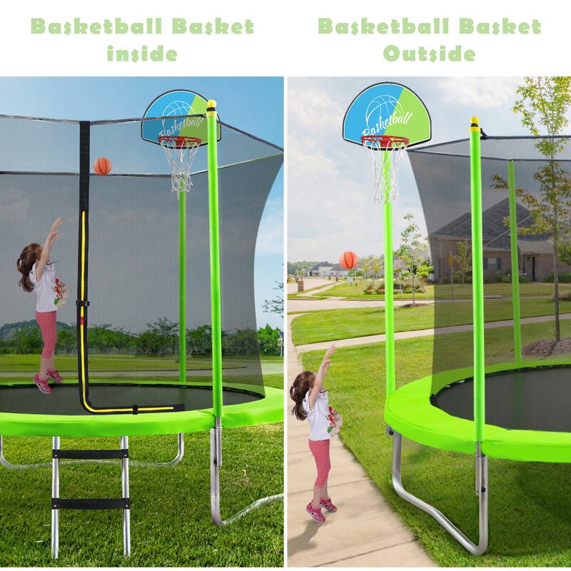 ASTM Approved Kids Trampoline - Basketball Hoop, Safety Enclosure, Fast Assembly - Green - 120