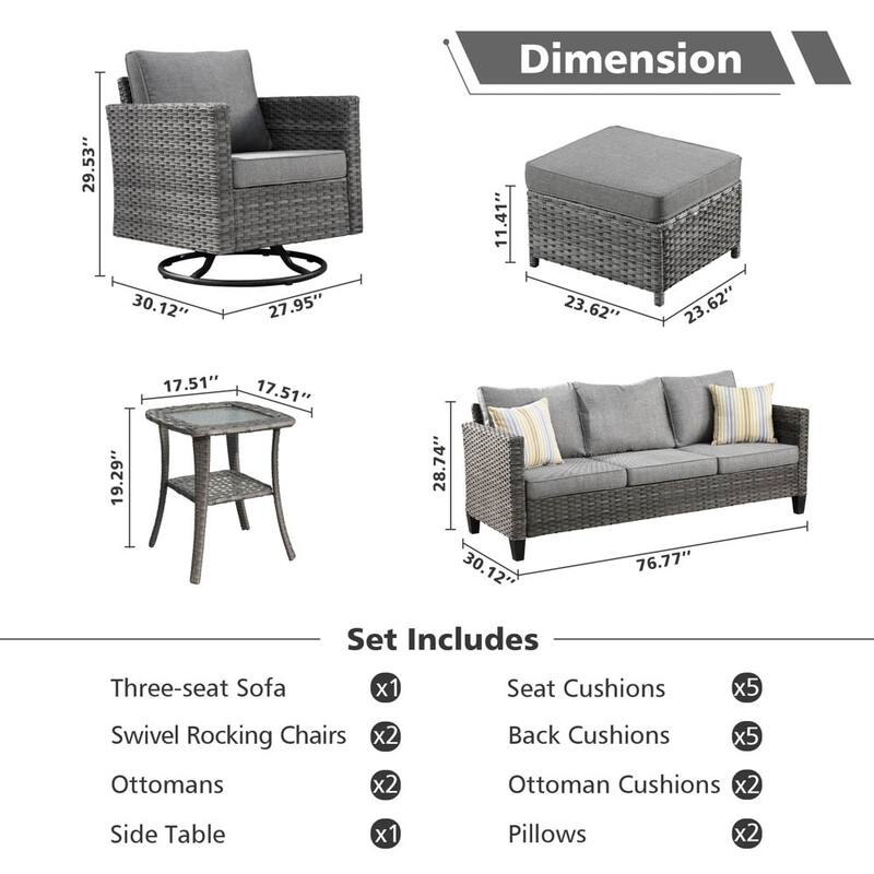 OVIOS 6-piece Patio Wicker Conversation Sofa Set with Swivel Rocking Chairs