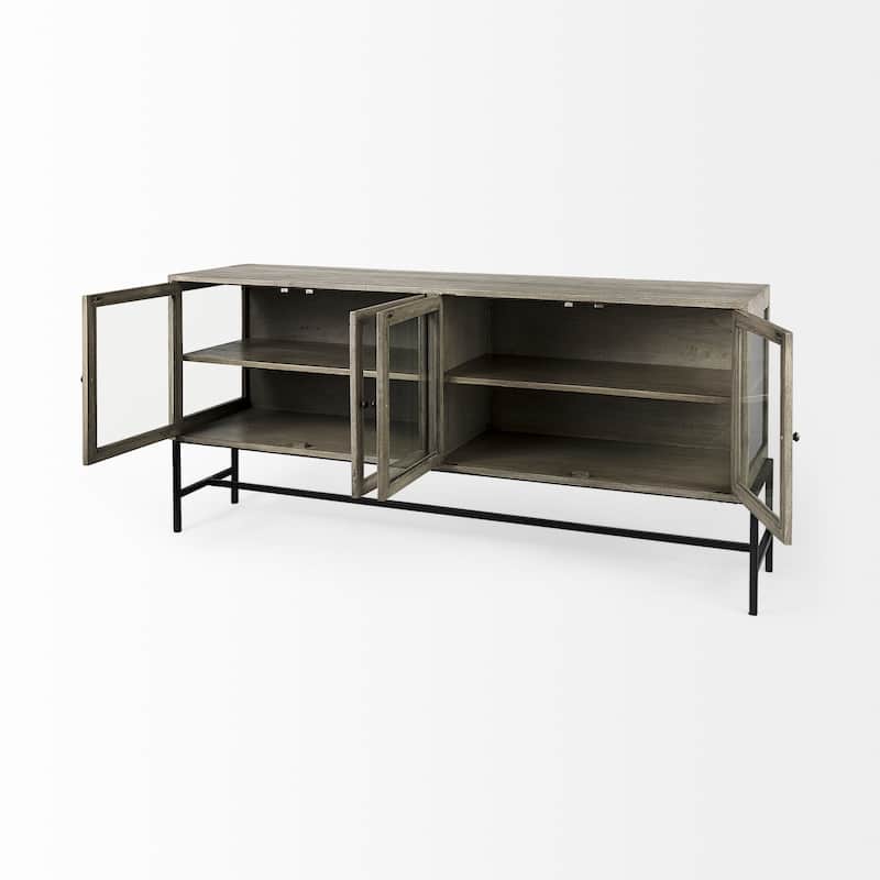 Arelius Light Brown w/ Black Metal Base 4 Door Glass Cabinet Sideboard - 70.0L x 18.0W x 32.0H