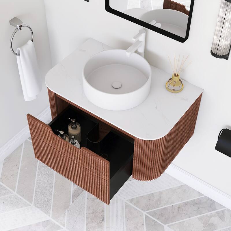 Plywood Wall-Mounted Bathroom Vanity Set with Integrated Ceramic Sink in Natural Wood