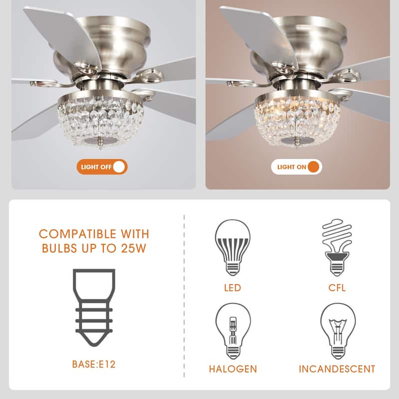 48" Satin Nickel Crystal Low Profile Ceiling Fan with Light and Remote Control