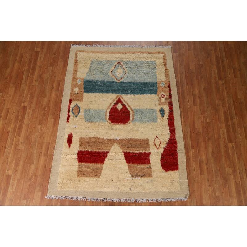 Hand Knotted Oriental 100% Wool Carpet Modern Tribal Beige & Ivories Moroccan Area Rug - 7' 10'' X 5' 7''