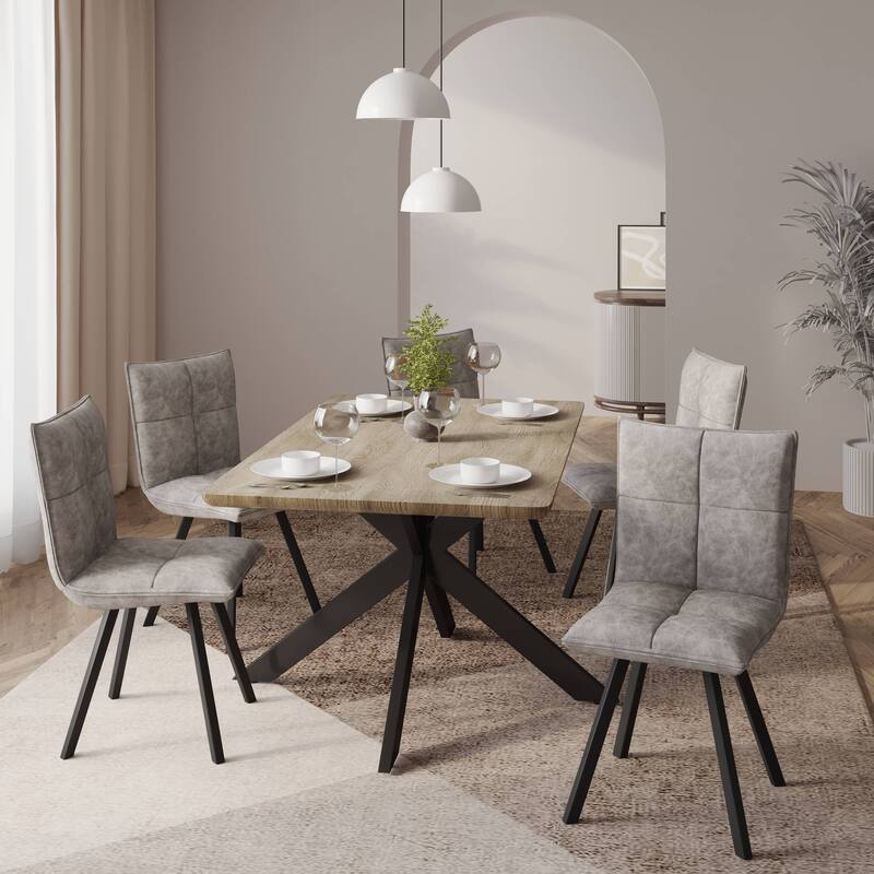 5-Piece Dining Set 63-Inch Rectangular Natural Wood Dining Table and 4 Leather Side Chairs in Iron