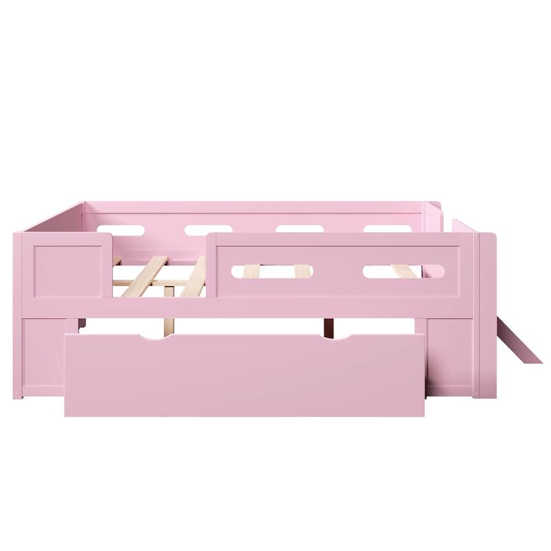 Kids Low Loft Bed with Stairs, Large Drawer and Guardrail, Semi-Enclosed Fence Platform Toddler Bed, Wooden Storage Daybed