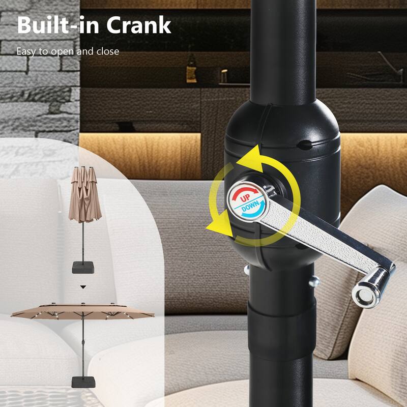 MAISON ARTS 15ft 2-Tier Large Patio Umbrella with Solar Lights, Double-Sided Outdoor Market Umbrellas with Base Included